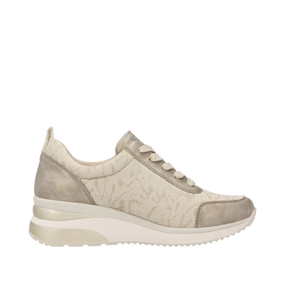 Remonte D2401-61 ladies cream textile sneakers with side zip, lace-up front, beige accents, and thick white sole.