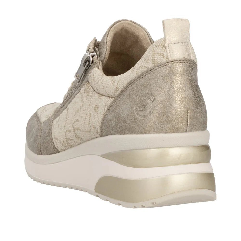 Remonte D2401-61 Ladies cream textile sneakers with side zipper, metallic accents, cushioned sole, and beige patterned details.