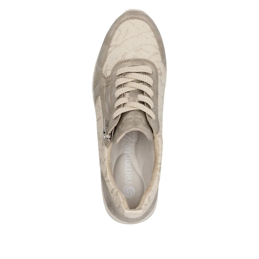 Remonte D2401-61 ladies cream textile shoes with side zipper, lace-up front, and cushioned interior.