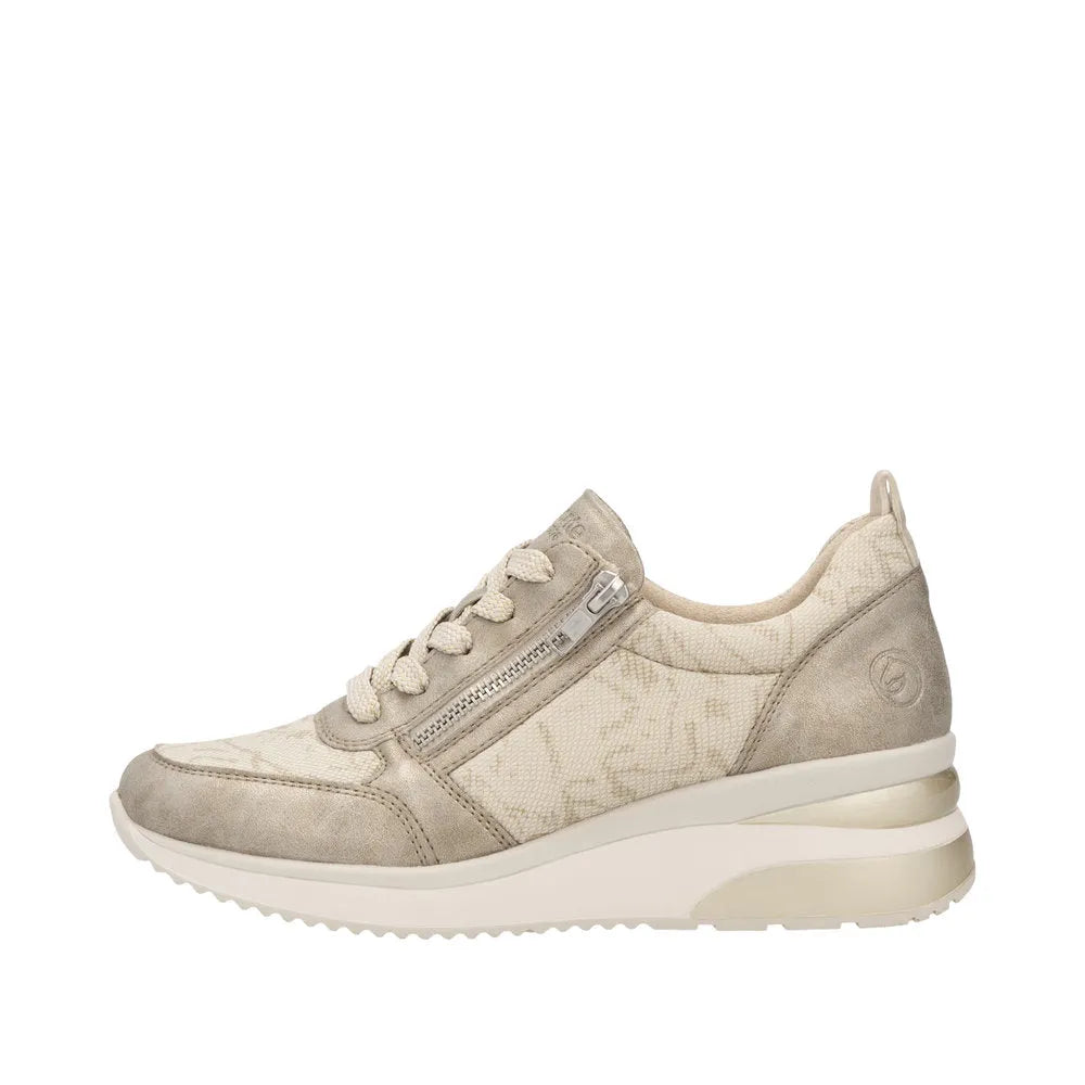 Remonte D2401-61 women's cream textile sneaker with side zipper, suede and patterned fabric, cushioned white sole.