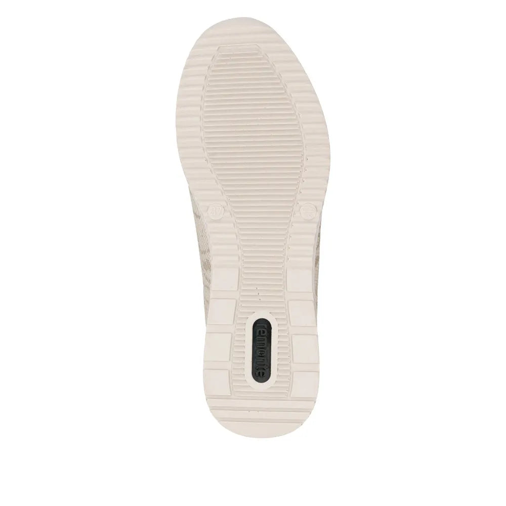 Remonte D2401-61 women’s cream textile side zip shoes with rubber sole and embossed details.