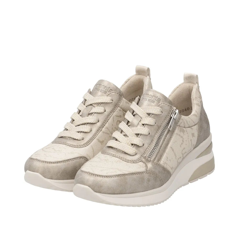Remonte D2401-61 ladies cream textile sneakers with side zip, lace-up closure, and chunky white sole.