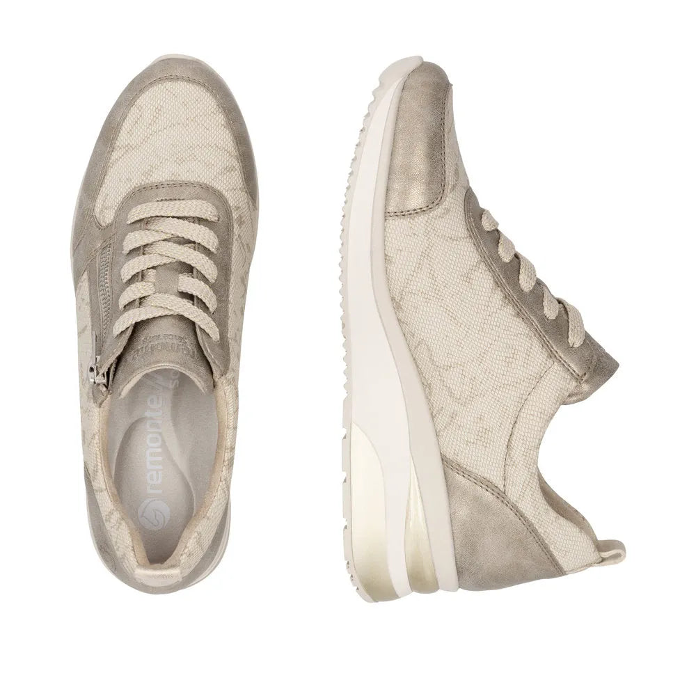 Ladies cream textile shoes with side zippers, lace-up design, and sporty sole details.