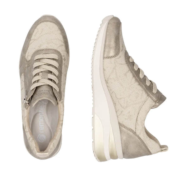 Ladies cream textile shoes with side zippers, lace-up design, and sporty sole details.