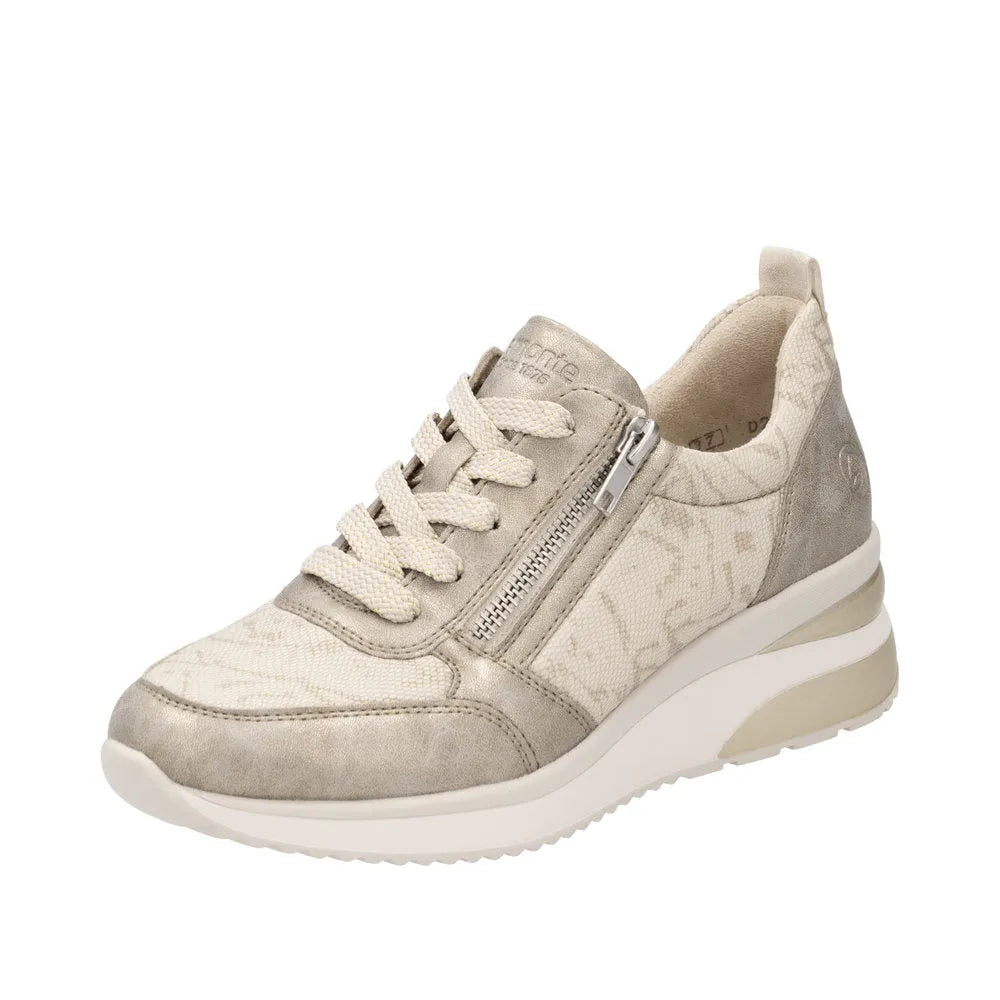 Remonte D2401-61 ladies cream textile sneaker with side zipper, lace-up front, cushioned sole, and grey suede accents.