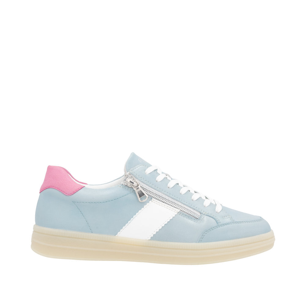 Remonte D2C02-12 women's light blue leather trainers with pink heel detail, lace-up closure, and side zipper for easy wear.