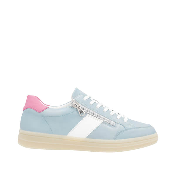Remonte D2C02-12 women's light blue leather trainers with pink heel detail, lace-up closure, and side zipper for easy wear.