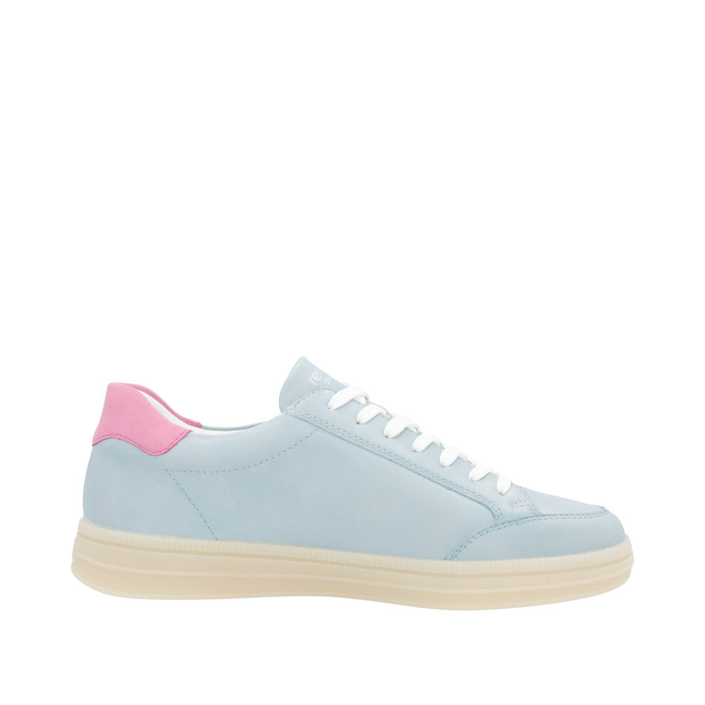 Remonte D2C02-12 women's light blue leather trainers with pink heel detail, lace-up and zip closure, casual sneaker style.