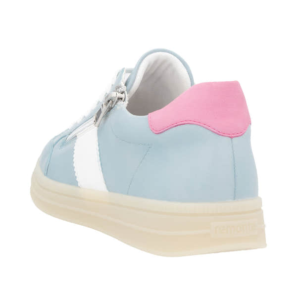 Remonte D2C02-12 women's light blue leather trainers with pink and white accents, zipper, and lace-up design.