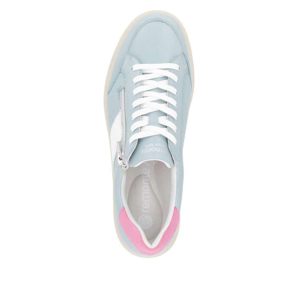 Remonte D2C02-12 women's wide light blue leather trainers with lace-up and zip closure, cushioned collar, and pink accent at heel.