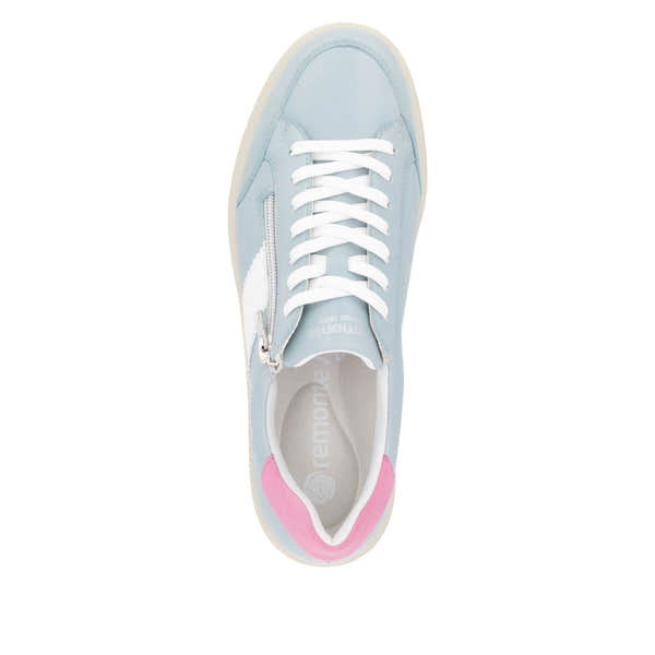 Remonte D2C02-12 women's wide light blue leather trainers with lace-up and zip closure, cushioned collar, and pink accent at heel.