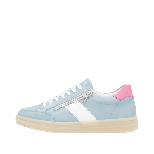 Remonte D2C02-12 women's light blue leather trainers with pink heel detail, lace-up design, and side zipper for easy wear.