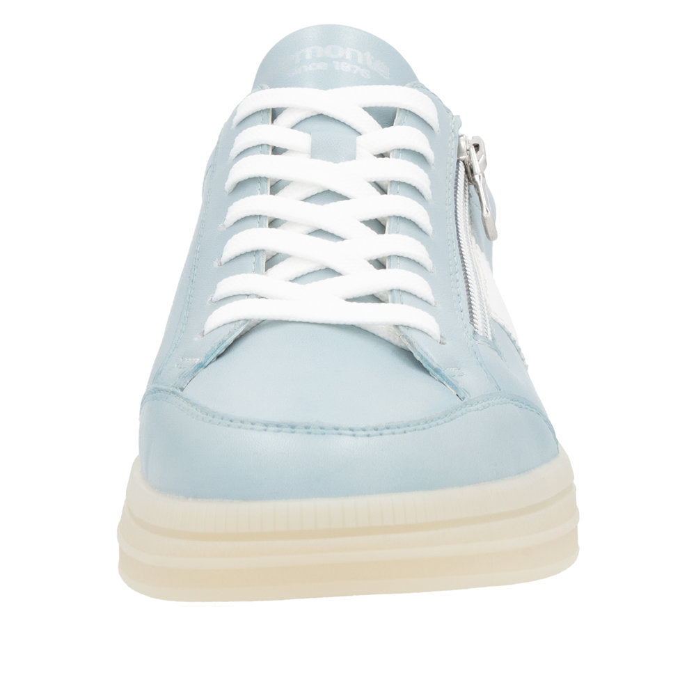 Remonte D2C02-12 women's light blue leather trainers with zip and lace-up closure, stylish and comfortable casual footwear.
