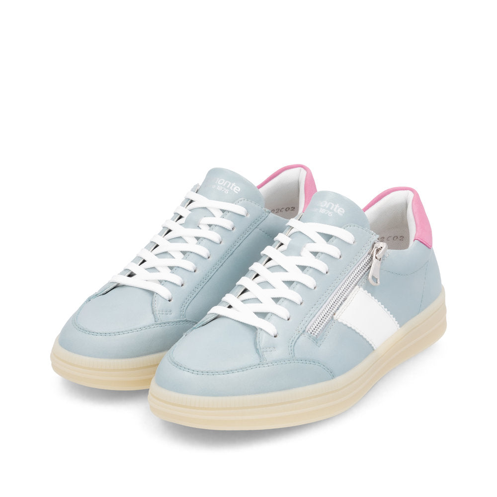 Remonte D2C02-12 Women's Light Blue Leather Trainers with Zip and Lace, cushioned sole, pink accents, and side zipper for easy wear.