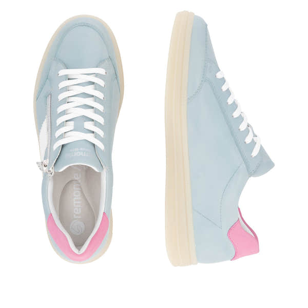 Remonte D2C02-12 women's light blue leather trainers with white laces, zipper detail, and pink heel accents.