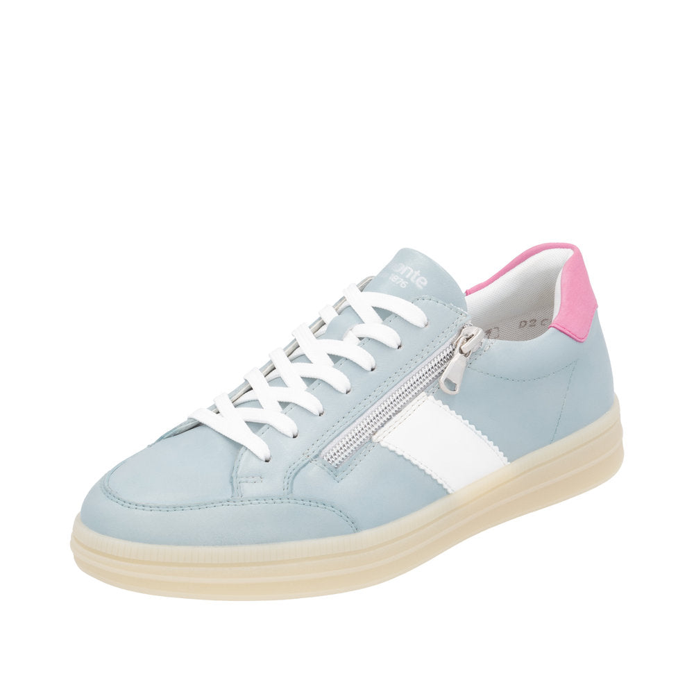 Remonte D2C02-12 women's light blue leather trainers with white accents, pink heel detail, lace-up, and side zip closure.