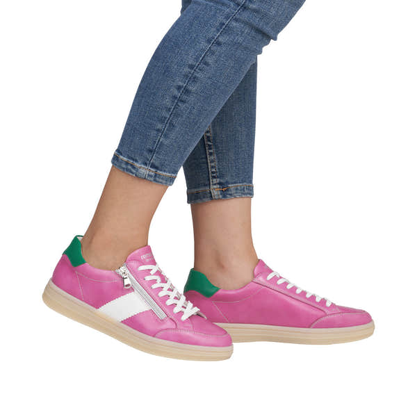 Remonte D2C02-31 women's wide pink, white, and green leather zip and lace shoes with beige soles.