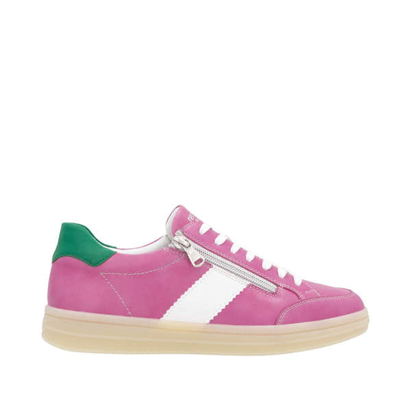 Remonte D2C02-31 women's wide fit leather sneakers in fuchsia, white, and green with lace-up and side zipper details.