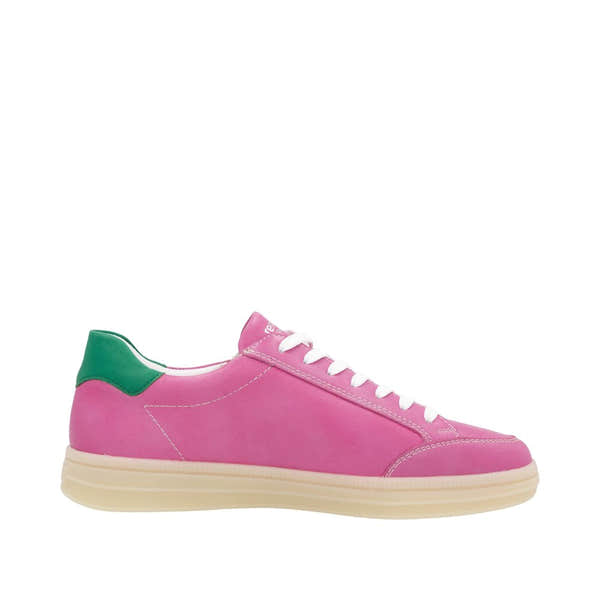 Remonte D2C02-31 women's wide fuchsia, white, green leather sneakers with lace-up and zipper details.