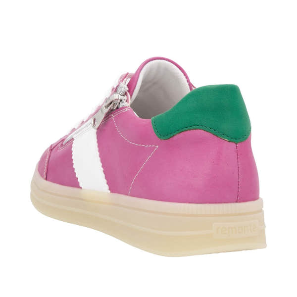 Remonte D2C02-31 ladies wide fit leather sneakers in fuchsia, white, and green with zip and lace closures.