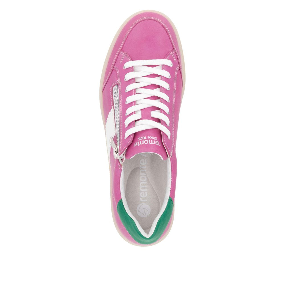Remonte D2C02-31 women's wide leather sneakers in fuchsia, white, and green with zip and lace-up closure.