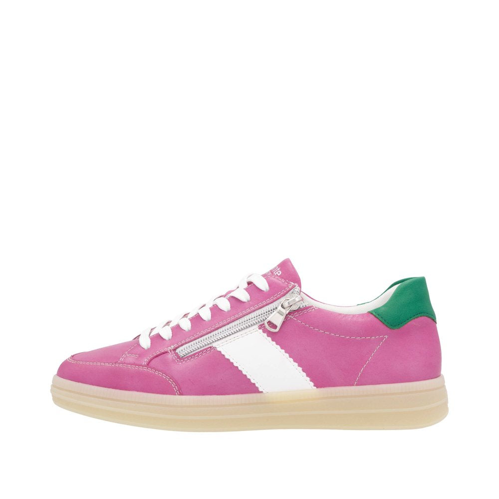 Remonte D2C02-31 women's wide-fit leather sneakers, pink with white stripe, green heel, lace-up and side zipper.