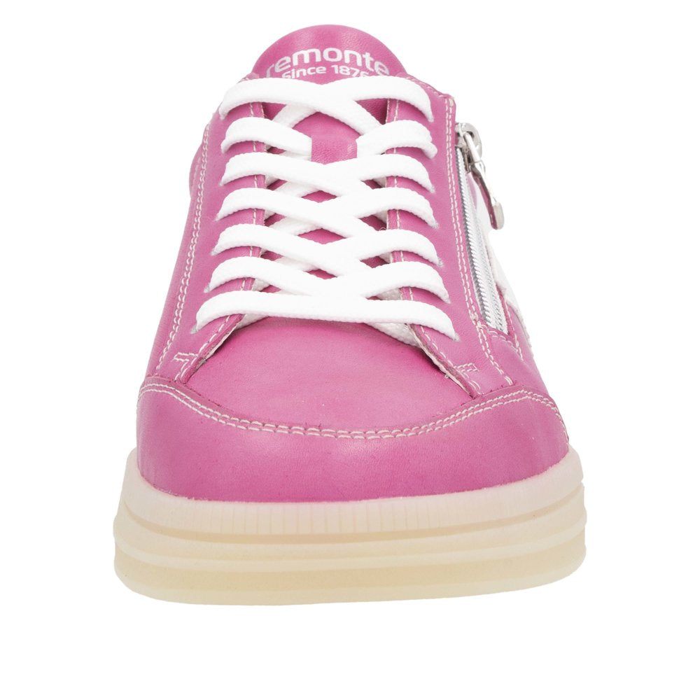 Remonte D2C02-31 women's wide fit leather shoes in fuchsia, white, and green with lace-up and side zipper detail.