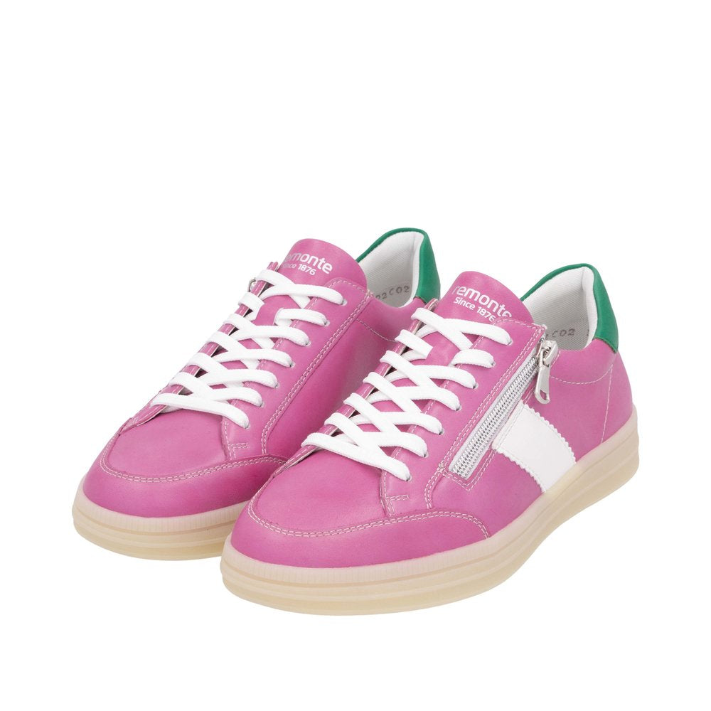 Remonte D2C02-31 women's wide-fit pink, white, and green leather sneakers with lace-up and side zipper detail.