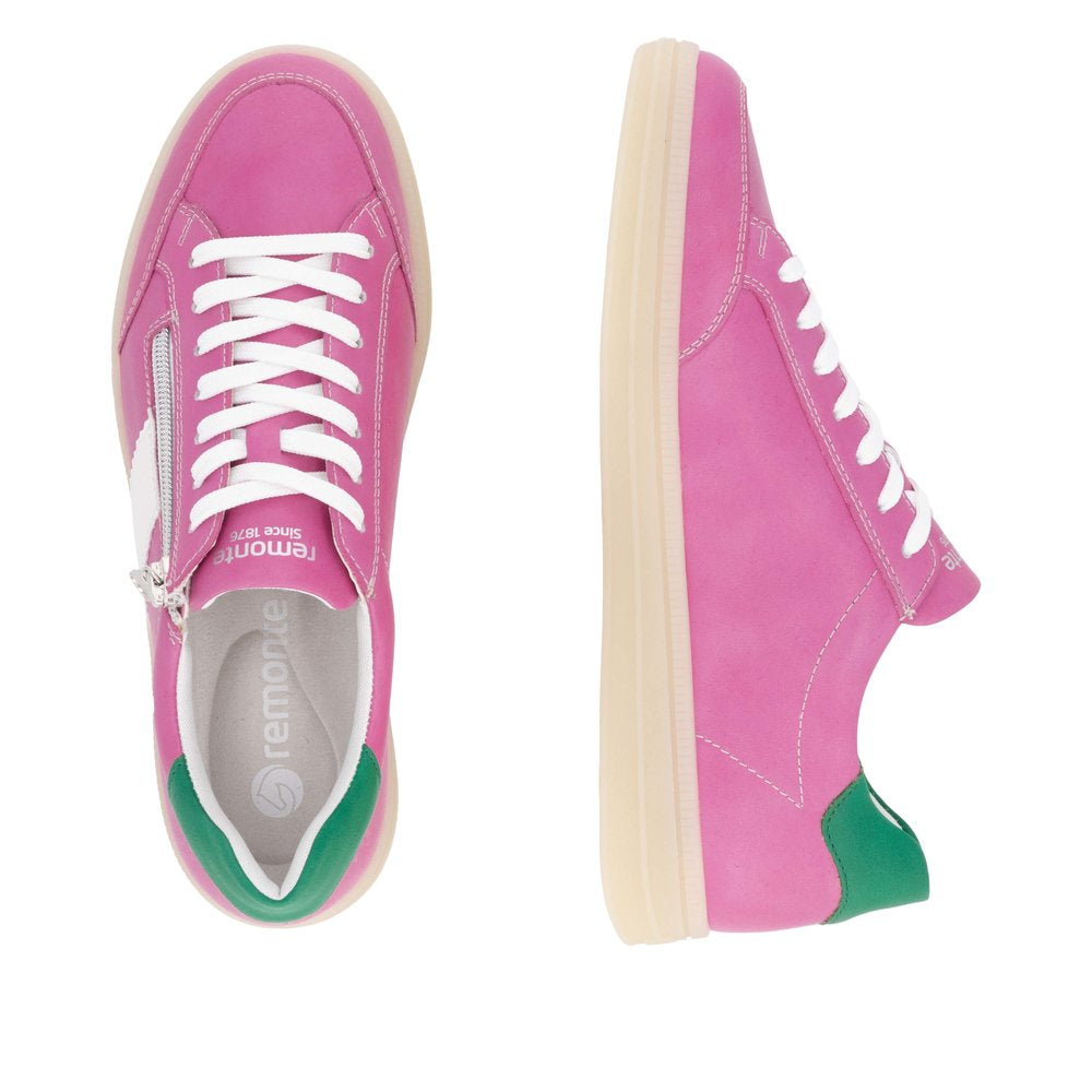 Remonte D2C02-31 women's wide fuchsia, white, and green leather sneakers with zipper and lace design.