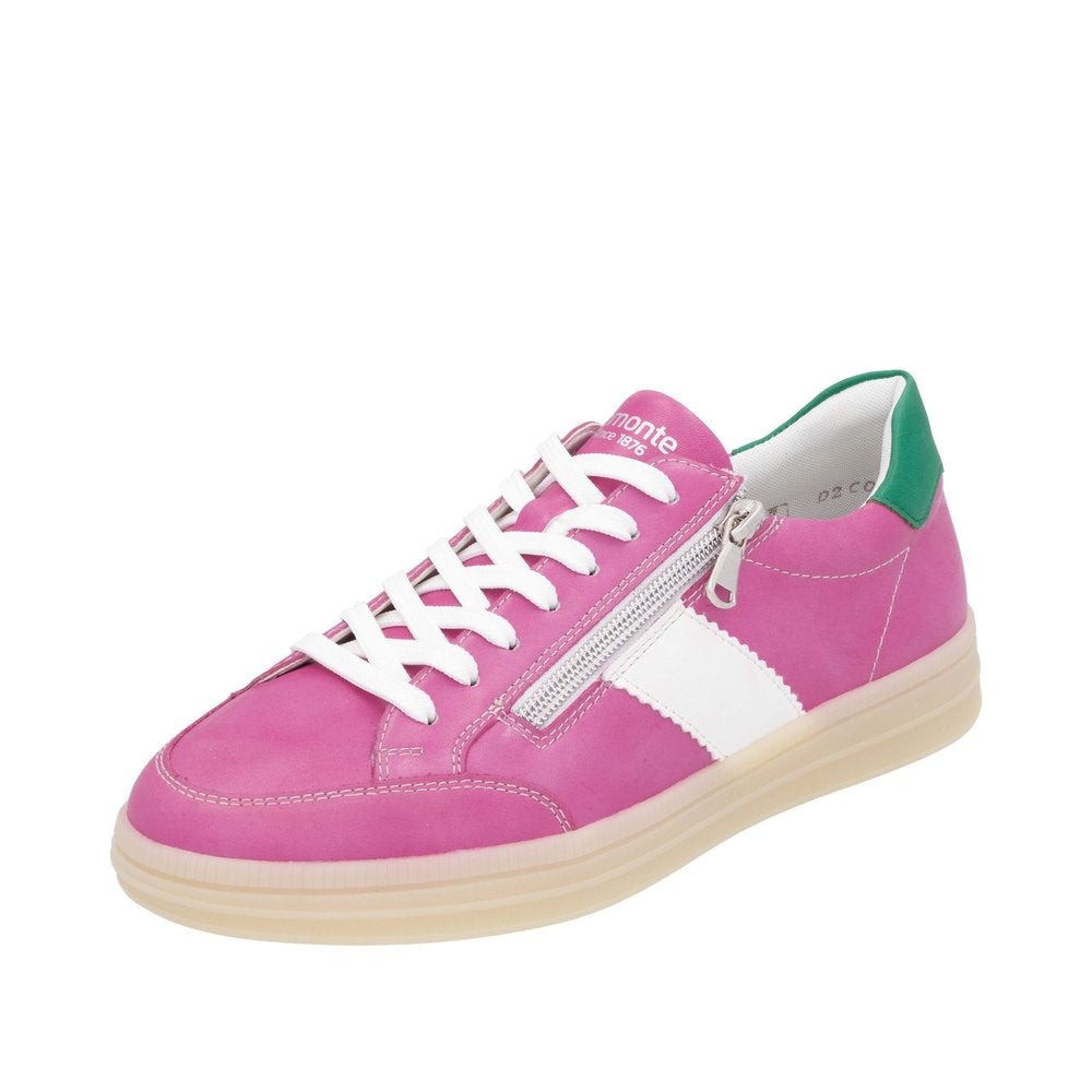 Remonte D2C02-31 women's wide-fit leather sneakers in pink, white, and green with zipper and lace details.