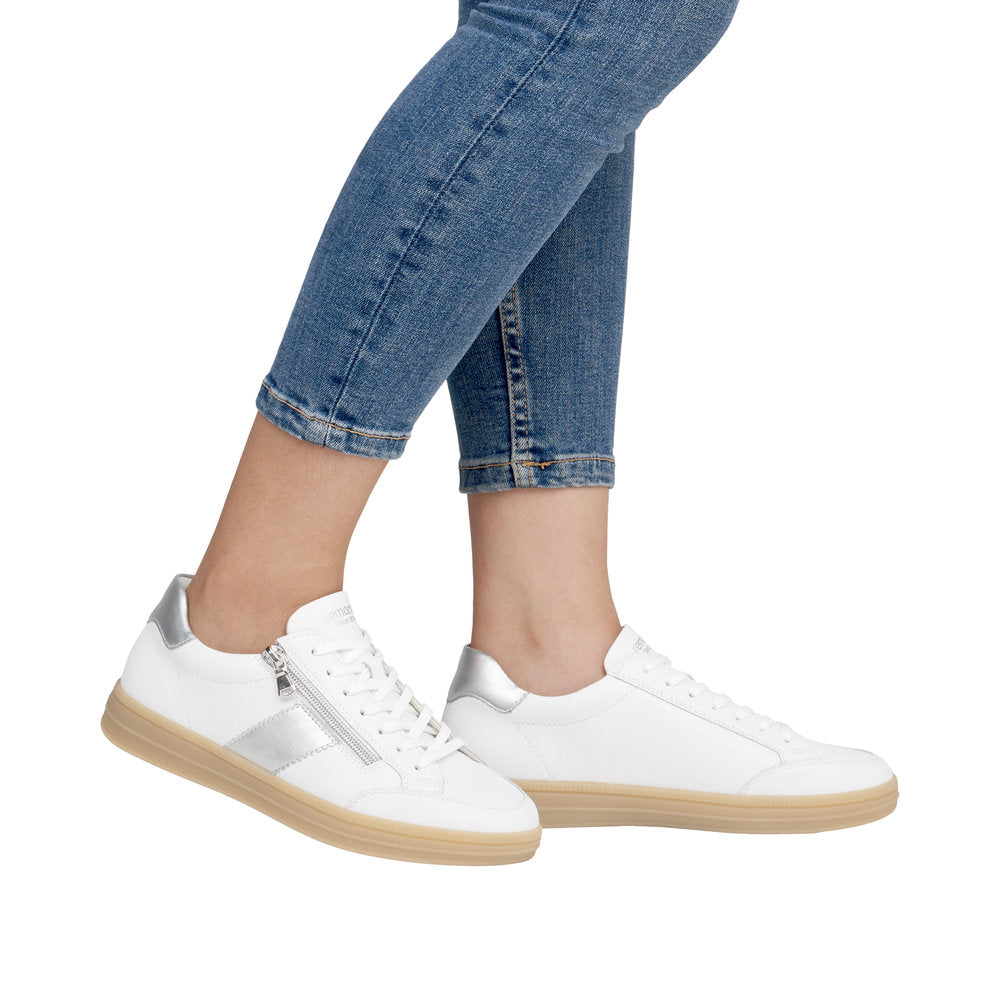 Remonte D2C02-80 women's wide fit white and silver leather casual sneakers with zipper and lace-up design.