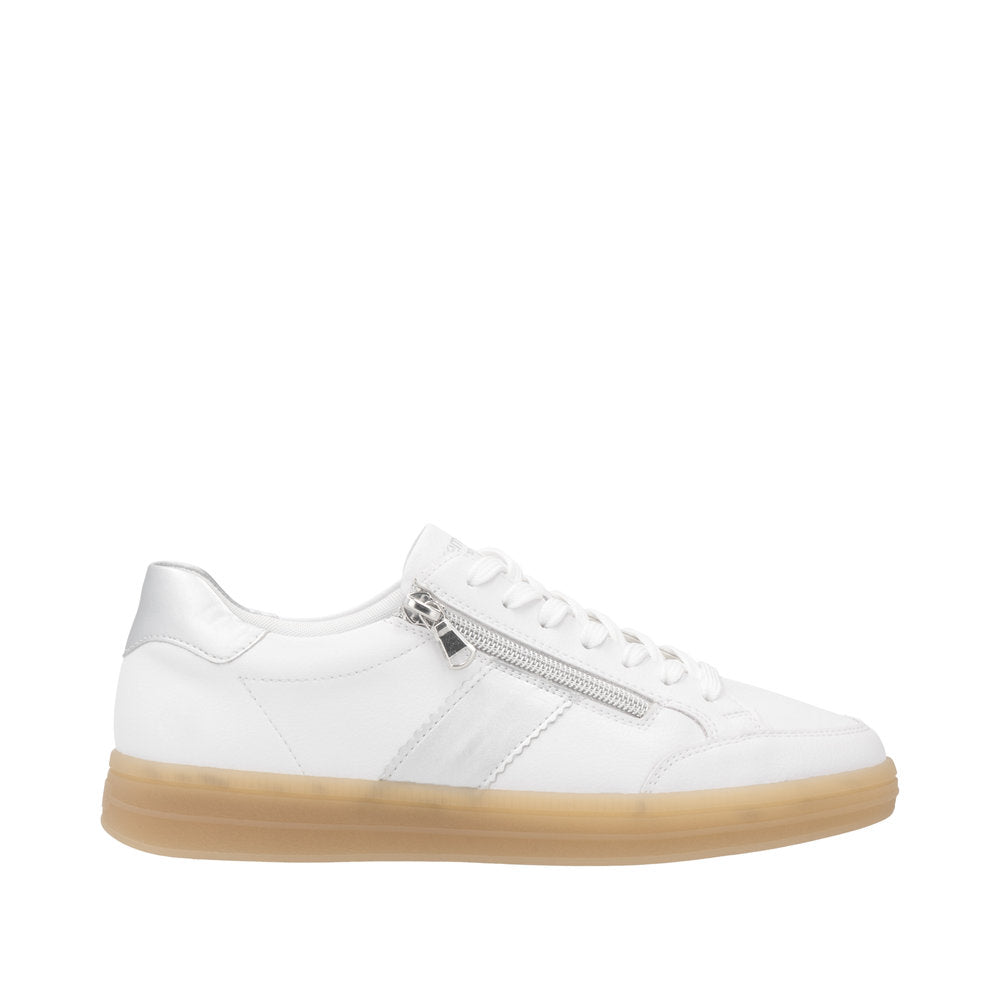 Remonte D2C02-80 women's wide white/silver leather sneakers with side zipper, lace-up closure, and tan rubber sole.