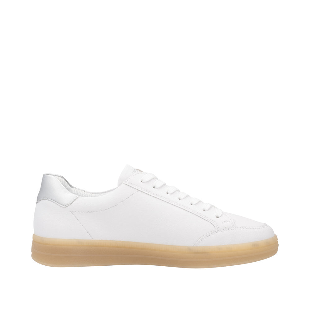 Remonte D2C02-80 women's wide white and silver leather sneakers with zip and lace-up closure, beige sole, stylish casual shoes.
