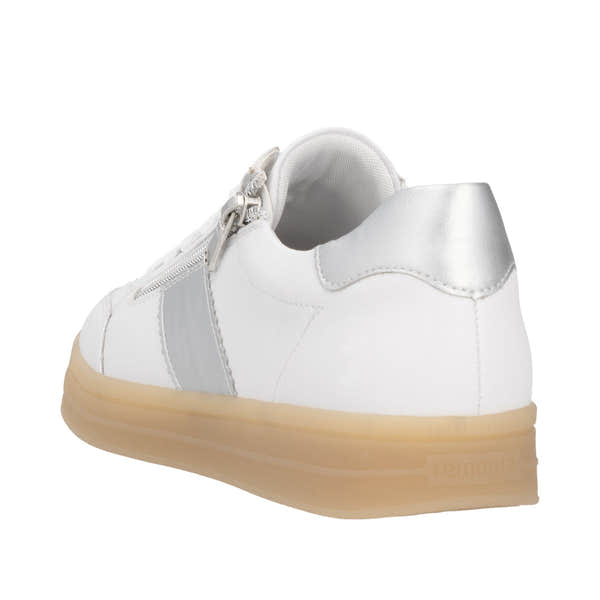 Remonte D2C02-80 women's wide-fit white and silver leather sneakers with zip and lace closure, beige rubber sole.