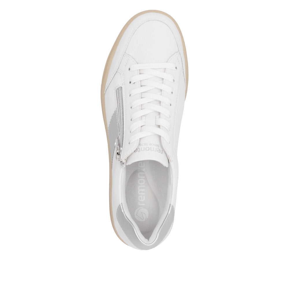Remonte D2C02-80 women's wide white and silver leather sneakers with zip and lace-up detail.