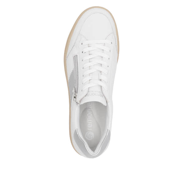 Remonte D2C02-80 women's wide white and silver leather sneakers with zip and lace-up detail.