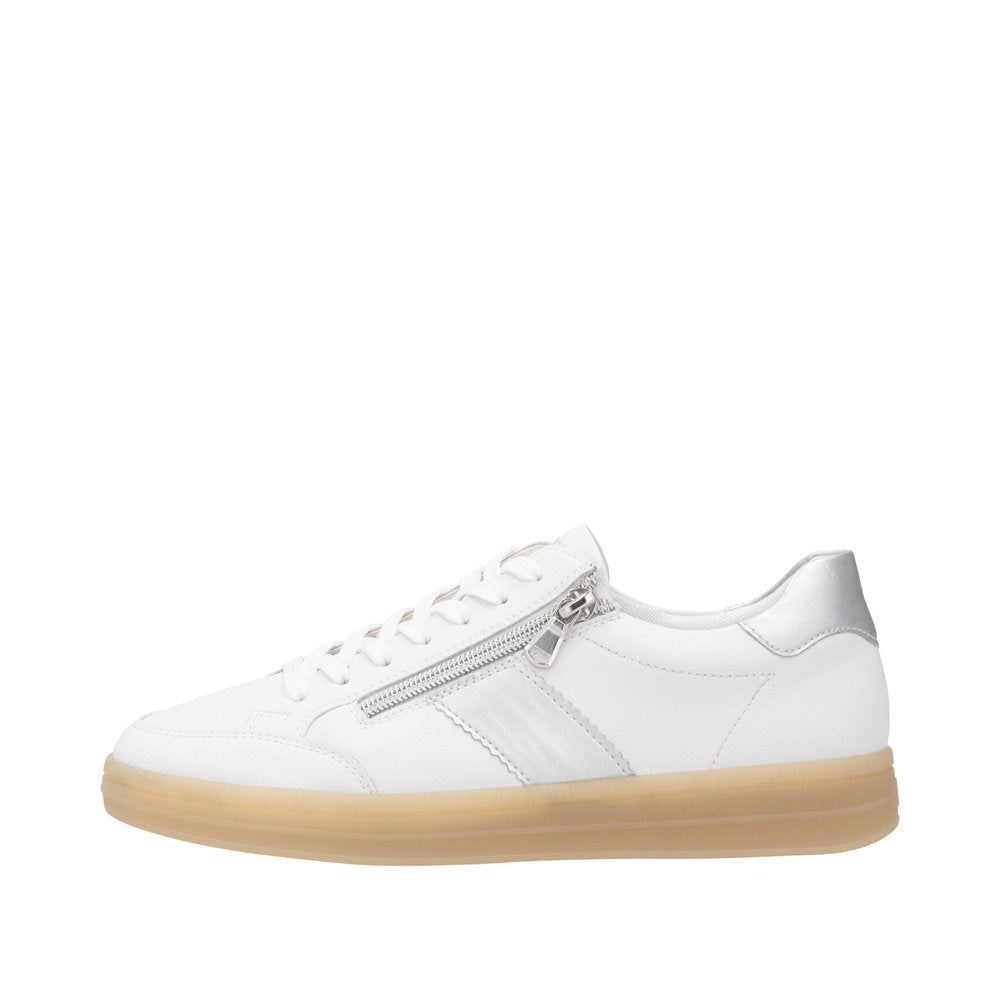 Remonte D2C02-80 women's wide white and silver leather sneakers with zipper and lace-up design, rubber sole.
