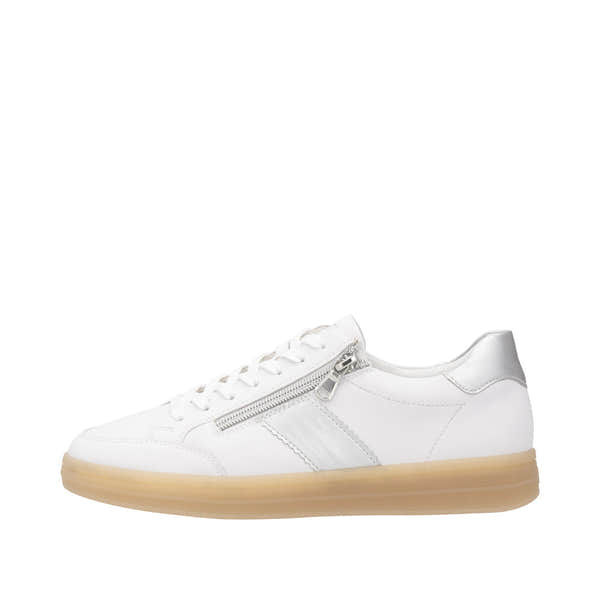 Remonte D2C02-80 women's wide white and silver leather sneakers with zipper and lace-up design, rubber sole.