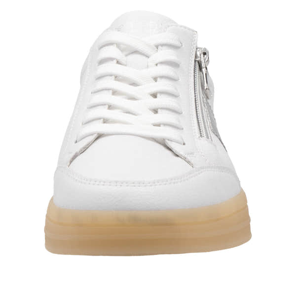 Remonte D2C02-80 women's wide white and silver leather sneakers with zip and lace-up closure, thick beige rubber sole.