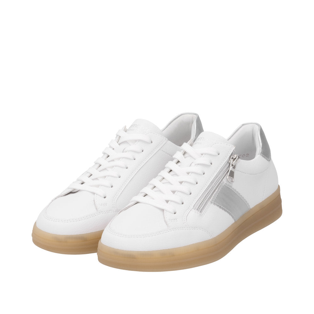 Remonte D2C02-80 women's wide fit white and silver leather sneakers with zip and lace-up design, cushioned sole.