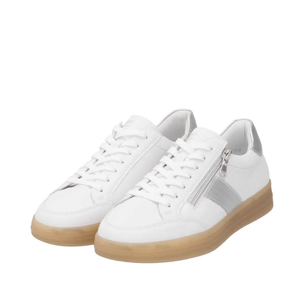 Remonte D2C02-80 women's wide fit white and silver leather sneakers with zip and lace-up design, cushioned sole.