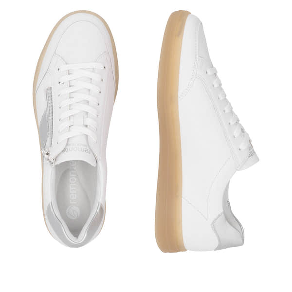 Remonte D2C02-80 women's wide white and silver leather sneakers with zipper and lace-up design, cushioned sole, and stylish casual footwear.