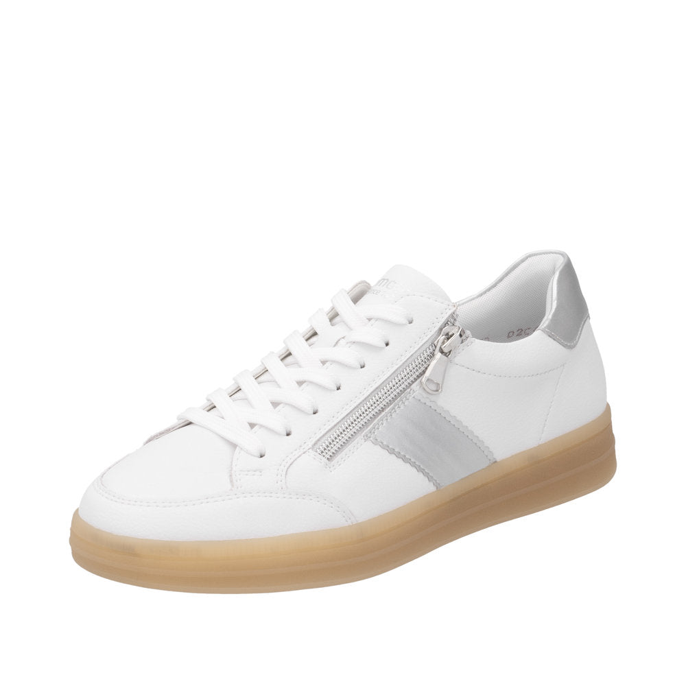 Remonte D2C02-80 Ladies White/Silver Leather Wide Shoes with Zip & Lace-up, beige sole, stylish casual footwear.