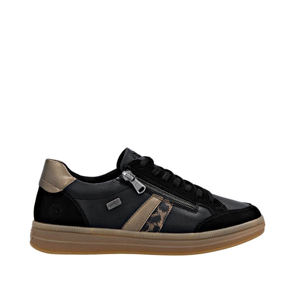 Remonte D2C04-03 women's black leather water-resistant trainers with zipper and lace, gold accents, and a gum sole.