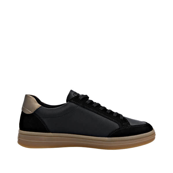 Remonte D2C04-03 women's black leather water-resistant trainers with zip and lace fastening, beige heel detail, cushioned sole.