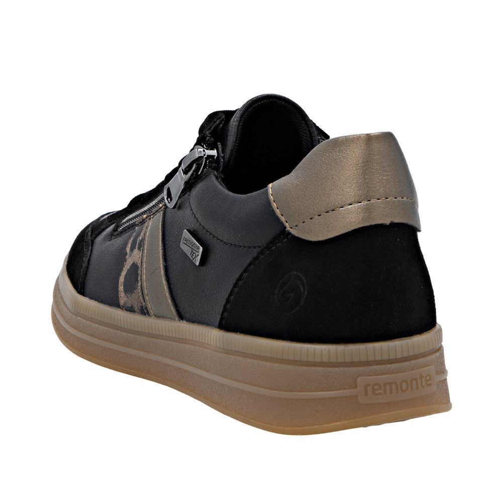 Remonte D2C04-03 women's black leather water-resistant trainers with zip and lace, cushioned sole, and stylish design.