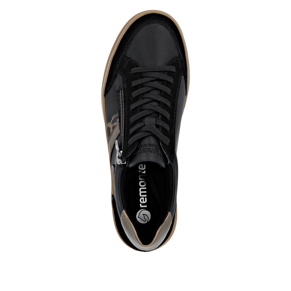 Remonte D2C04-03 women's black leather water-resistant trainers with zip and lace closure, stylish and functional footwear.