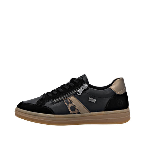 Remonte D2C04-03 women's black leather water-resistant trainers with zip and lace, trendy beige accents, and comfortable sole.