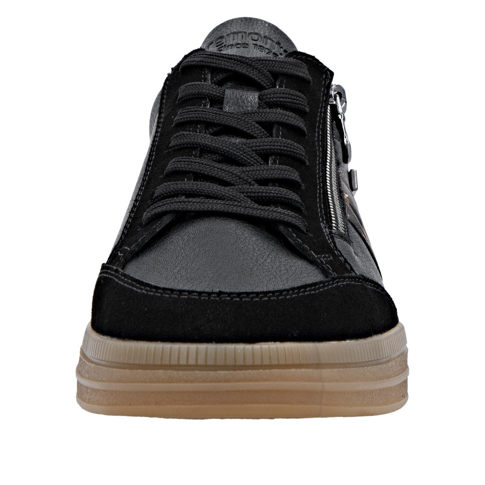 Remonte D2C04-03 women's black leather water-resistant trainers with laces and zipper detail, chunky beige sole.