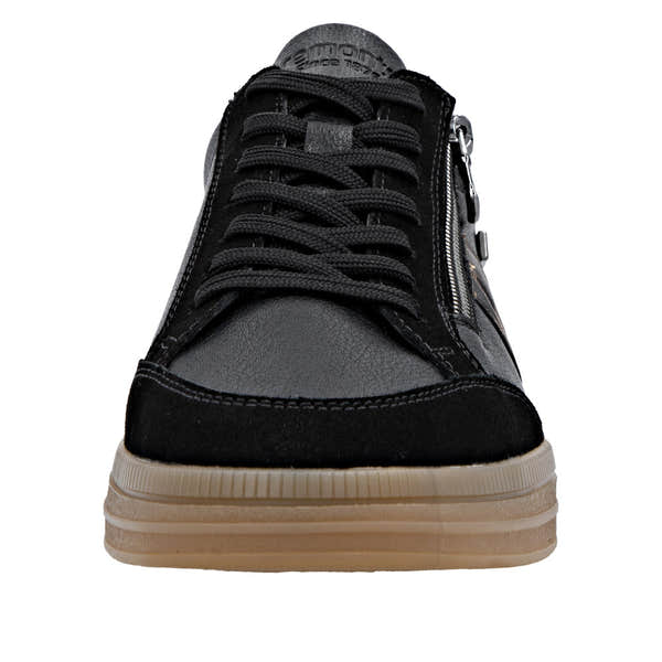 Remonte D2C04-03 women's black leather water-resistant trainers with laces and zipper detail, chunky beige sole.